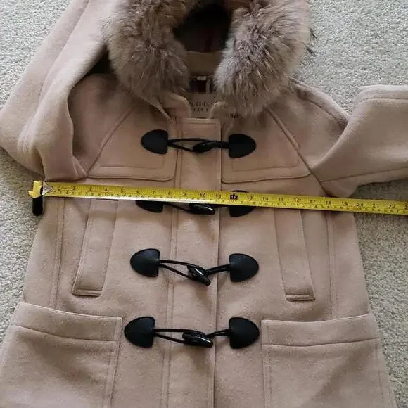 BURBERRY CHECK LINED WOOL TOGGLE DUFFLE COAT WITH FUR TRIMMED HOOD - Picture 12 of 15